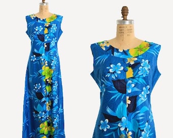 May include: A sleeveless maxi dress with a blue background and a floral print featuring blue, yellow, and green flowers. The dress has a button-up front and a scoop neckline.