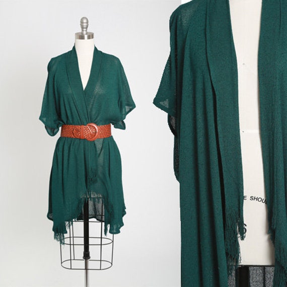 Vintage 90s forrest green knit fringe cardigan sw… - image 1