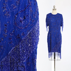 vintage 80s Blue fringe beaded sequin floral paisley silk dress