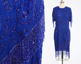 vintage 80s Blue fringe beaded sequin floral paisley silk dress