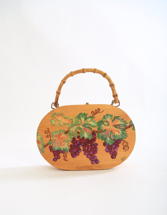 Vintage 50s hand painted grapes wood purse