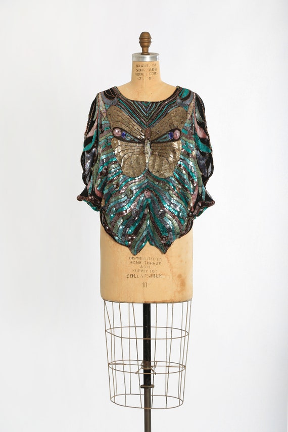 Butterfly silk blouse | Vintage 70s beaded sequin… - image 2