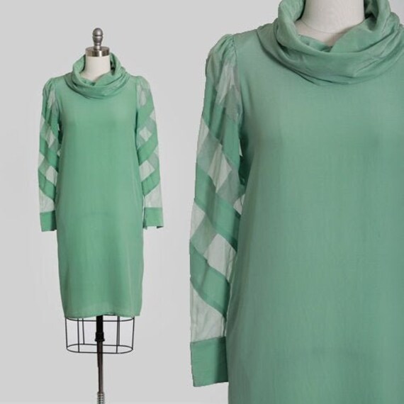 Mint silk dress | Vintage 70s Cowl neck silk dress - image 1