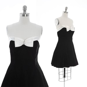 Smokingminijurk | Vintage zwart fluwelen smokingjurk jaren 80 |  Feestjurk met strik en juwelen