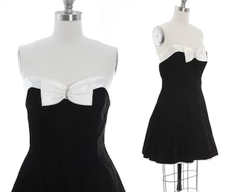 Tuxedo mini dress | Vintage 80s black velvet  tuxedo dress |  Jeweled bow party dress