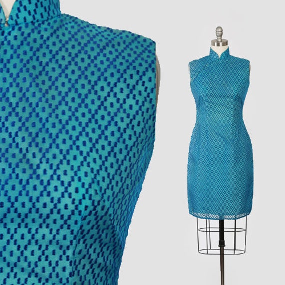 Vintage 60s blue velvet cheongsam dress