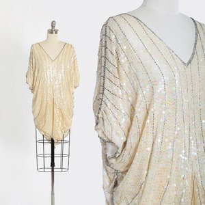 Vintage 70s 80s Ivory iridescent beaded sequin silk mini dress blouse