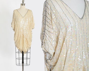 Vintage 70s 80s Ivory iridescent beaded sequin silk mini dress blouse