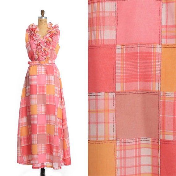 Vintage 70s pink ruffle patchwork print maxi Dres… - image 1