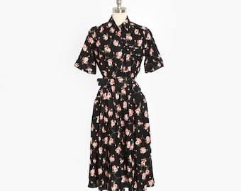 80s Black Pink floral rose cotton dress
