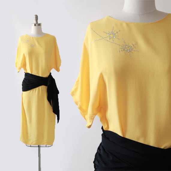 Vintage 90s 40s yellow rayon crepe dress - image 1