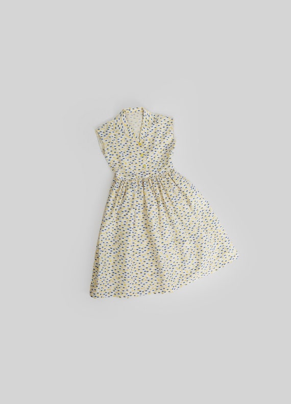 Vintage 1950s cotton yellow + blue dot day dress