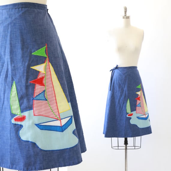 Chambray Sailboat wrap skirt | Vintage 70's chambr