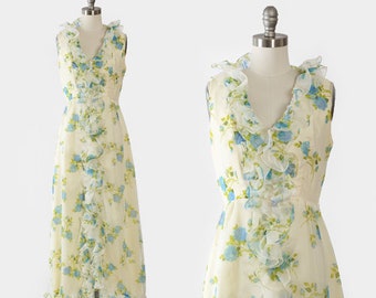 Blue rose ruffle maxi | Vintage 70s floral ruffle chiffon maxi dress