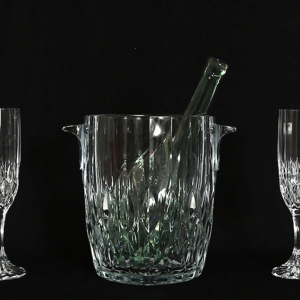 Vintage French Cristal dArques Bretagne crystal glass ice bucket + champagne flute glasses set