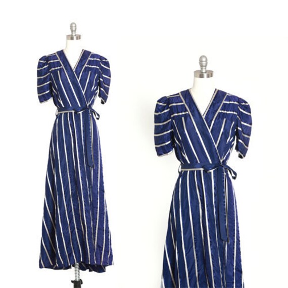 40s satin robe | Vintage 1940s striped belted dres