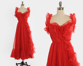 Vintage 70s red ruffle chiffon gown dress