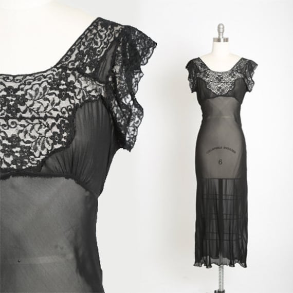Bias cut slip dress | Vintage 40s black silk lace