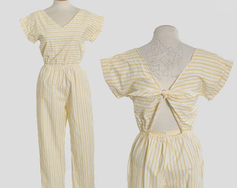 Jaren '80 jumpsuit zonder rug | Vintage jaren 1980 geel gestreepte katoenen playsuit capri jumpsuit