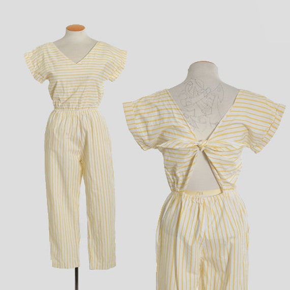 80s backless jumpsuit |  Vintage 1980s yellow str… - image 1