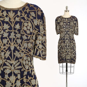 Botanical beaded silk dress | Vintage 90s navy blue silk beaded dress