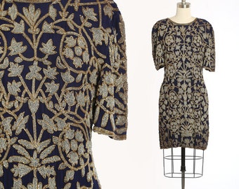Botanisches Perlenseidenkleid | Vintage 90er Jahre Seidenkleid in Marineblau