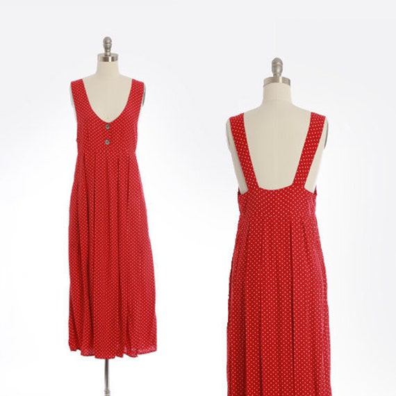 Polka Dot suspender dress Vintage 90s red dot rayon maxi | Etsy
