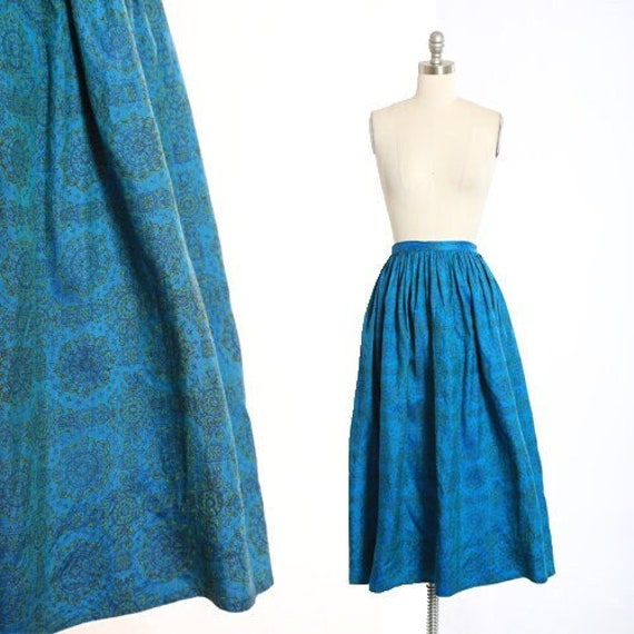 50s silk skirt | Vintage 1950s blue + green flora… - image 1