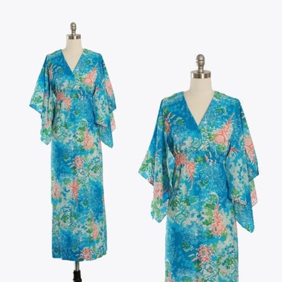 Vintage 70s Draped Blue Angel Flutter Butterfly Sleeve Caftan Maxi Lounge Dress