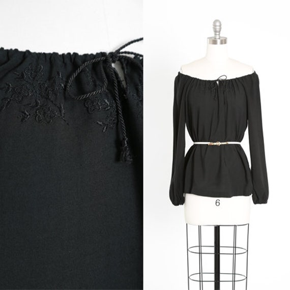 Off the shoulder blouse | Vintage 70s black embroi