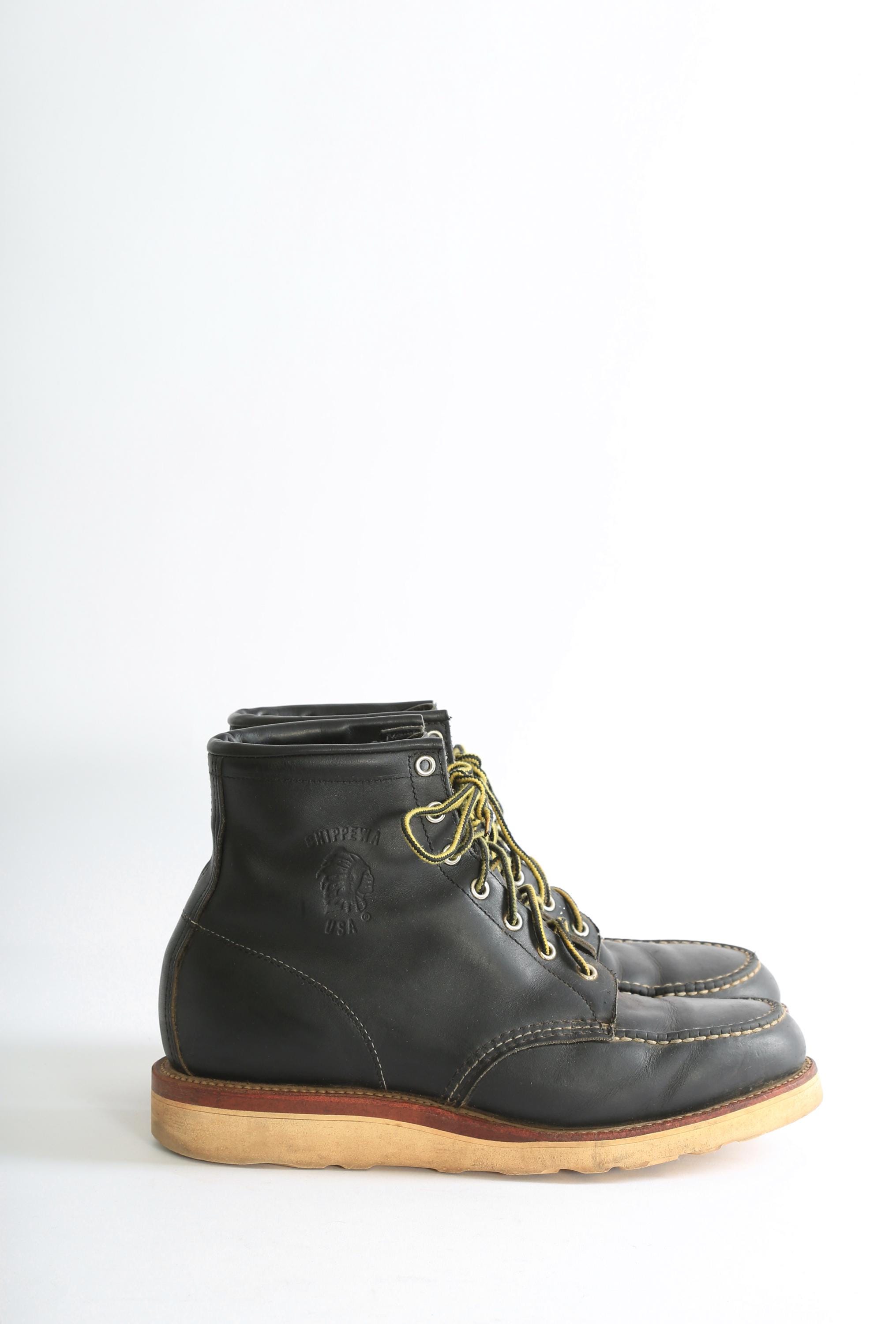 80s USA製 Chippewaワークブーツ 6インチ 黒タグ ヴィンテージ Vintage Chippewa American Made Black Leather Moc Toe Boots Sz. 9