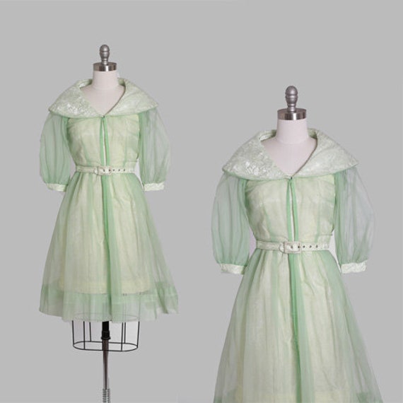 50s cape dress | Vintage 50s sheer green 3pc dress