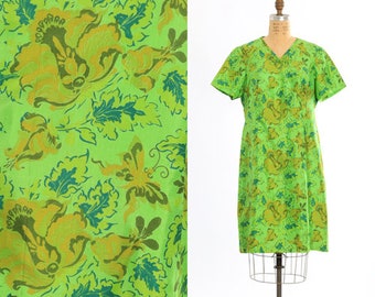 Vintage 60s green floral butterfly skirt shift dress