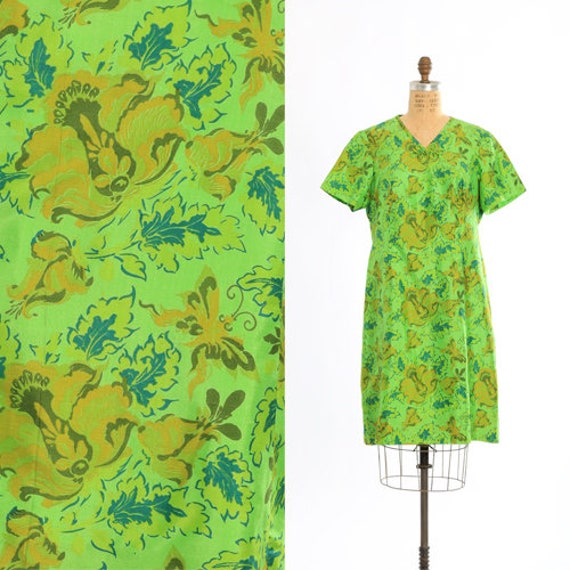 Vintage 60s green floral butterfly skirt shift dr… - image 1
