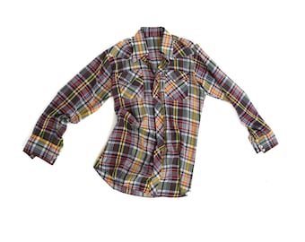 Vintage 70s paper thin western plaid cotton shirt