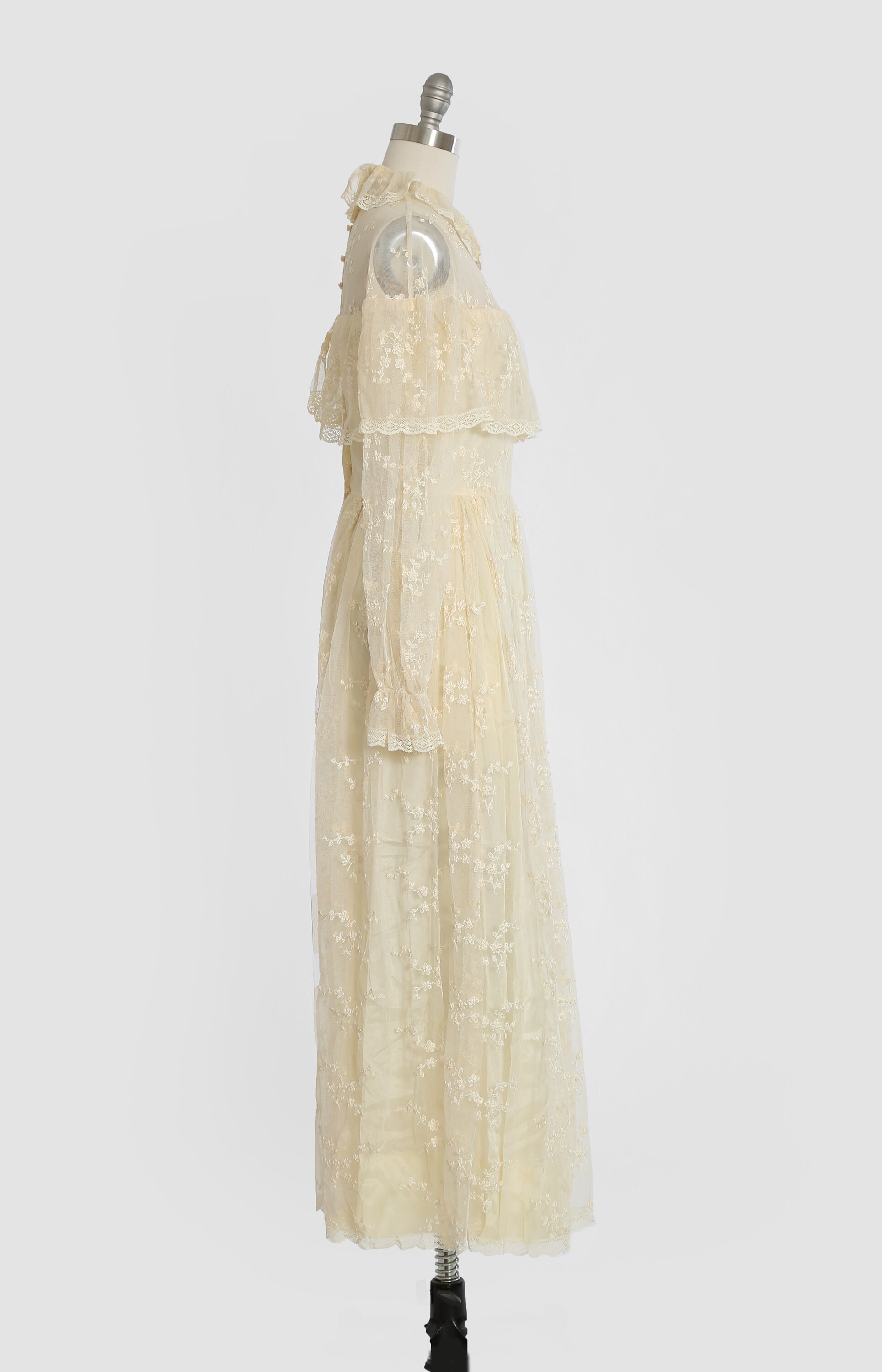 Vintage 70s Ivory Floral Crochet Lace Beaded Wedding Dress | 1970s