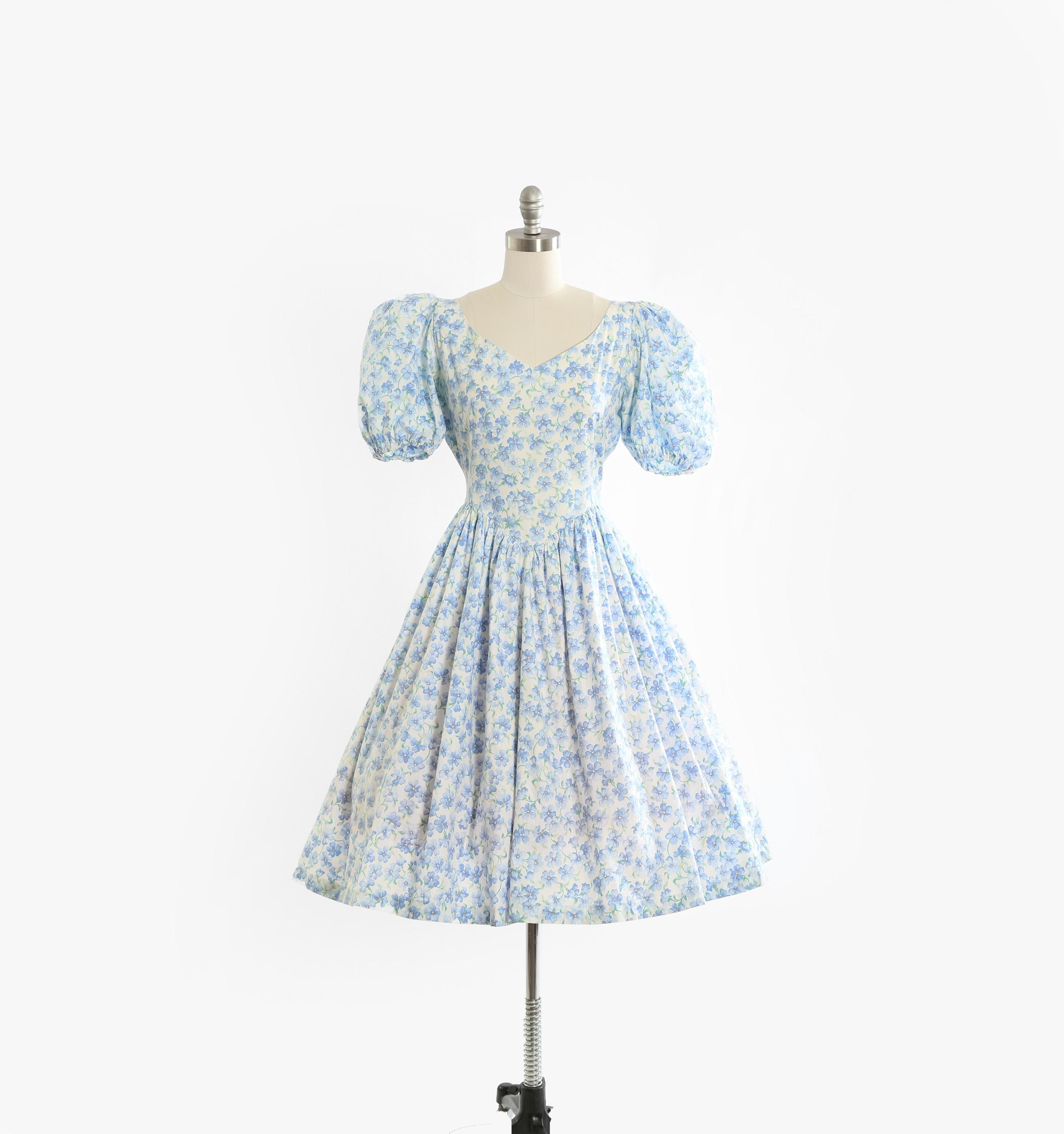 80年代風ブルーの花柄パフスリーブコットンワンピース - Etsy 日本