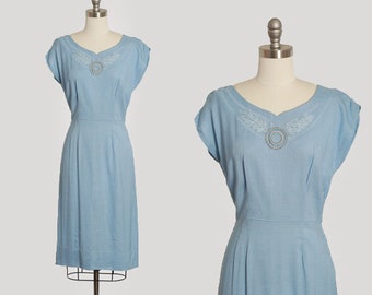 50s blue dress | Vintage 1950s blue linen cotton beaded wiggle dress