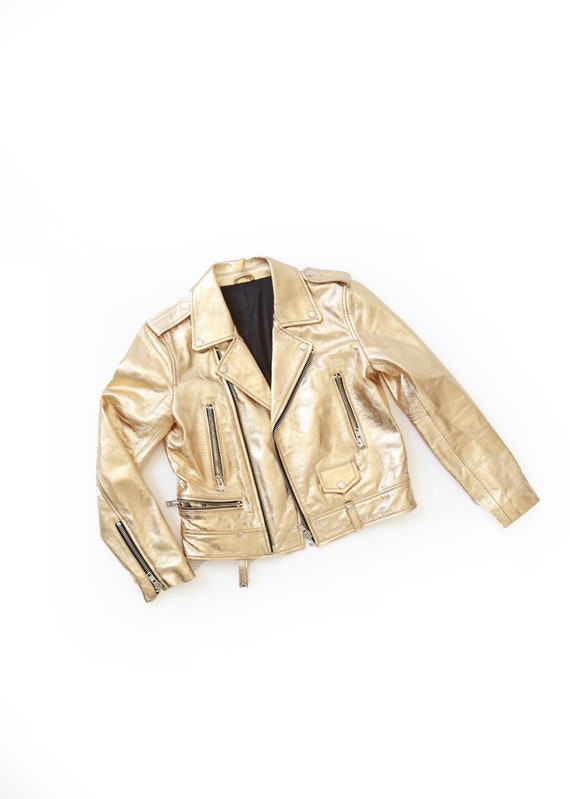 Gold Leather Jacket Vintage Gold Leather Biker Jacket Etsy