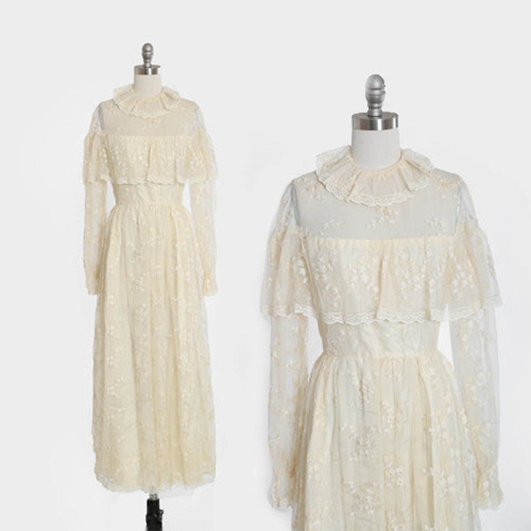Vintage 70s Ivory Floral Crochet Lace Beaded Wedding Dress | 1970s