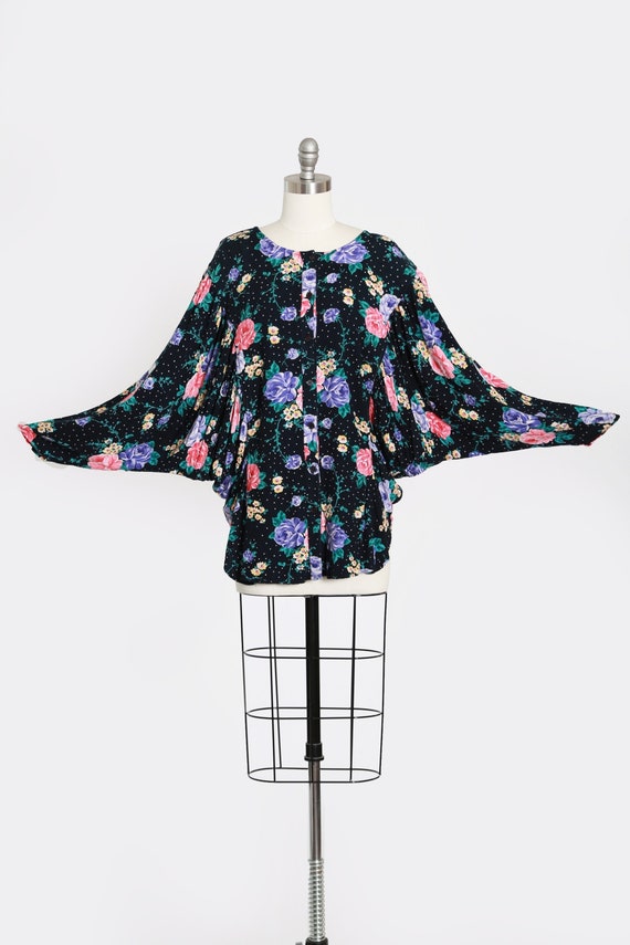 Vintage 80s Batwing floral rose rayon blouse