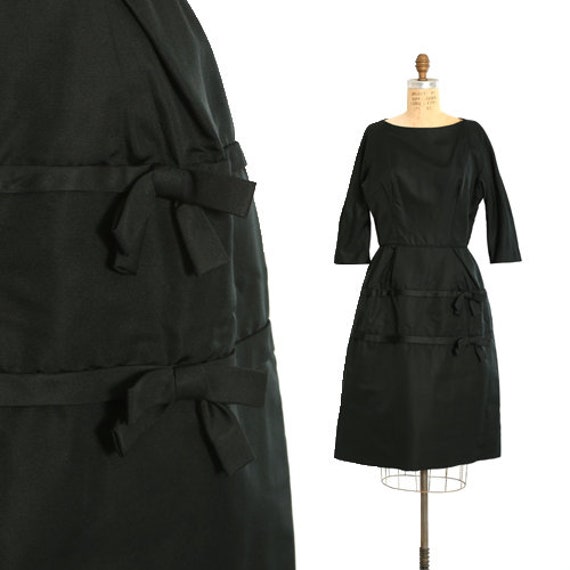 Vintage 1950s black silk satin bow cocktail dress - image 1