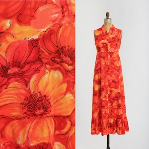 70s Neon orange floral ruffle maxi dress