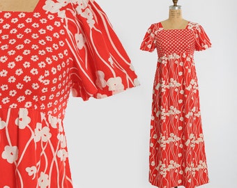 70s floral maxi dress | Vintage 1970s red floral Cottager cotton maxi dress