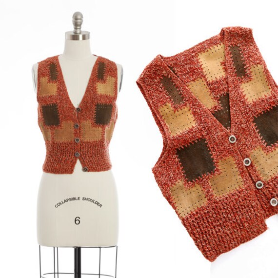 70s crochet leather patchwork vest