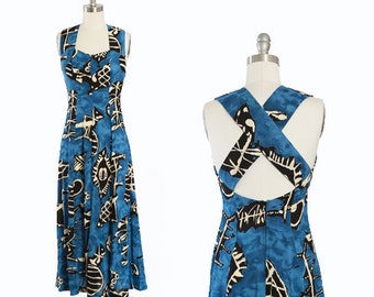 90s abstract criss cross back rayon dress