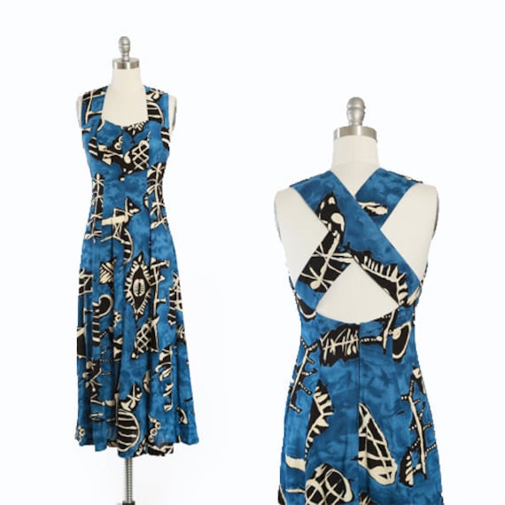 90s abstract criss cross back rayon dress - image 1