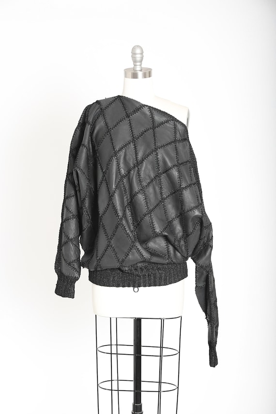 80s black leather patchwork batwing sweater top