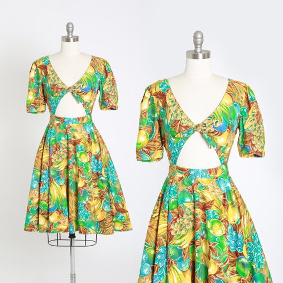 Tropical fruit dress | Vintage 90s cutout bow mini
