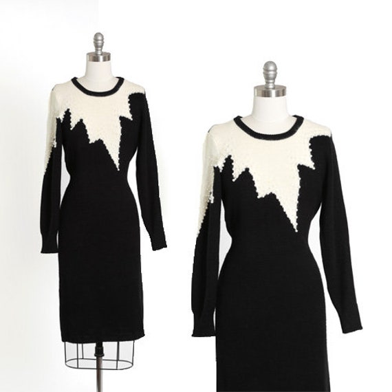 Angora knit sweater dress | Vintage 80s black + wh